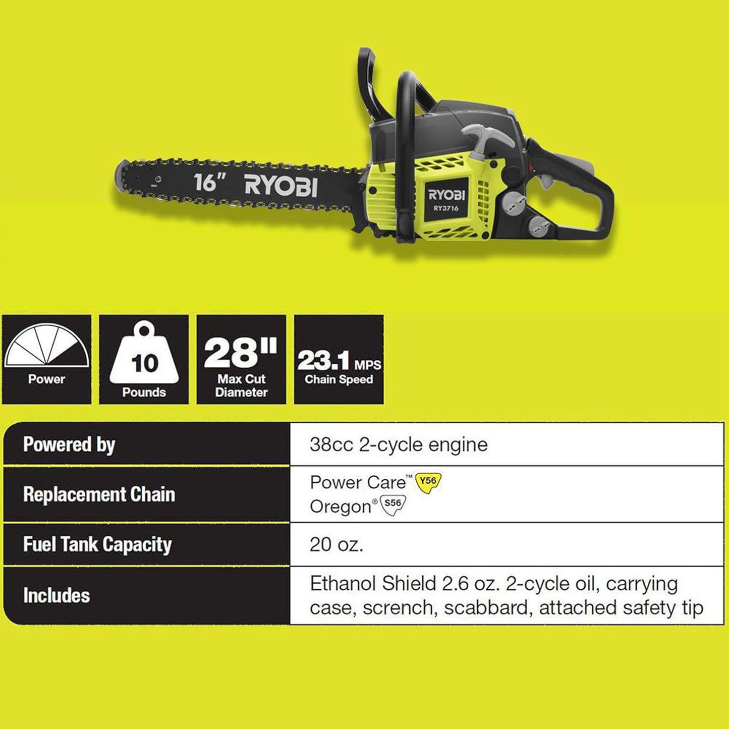 Motosierra de gas de 2 ciclos de 16", mango antivibración y estuche.