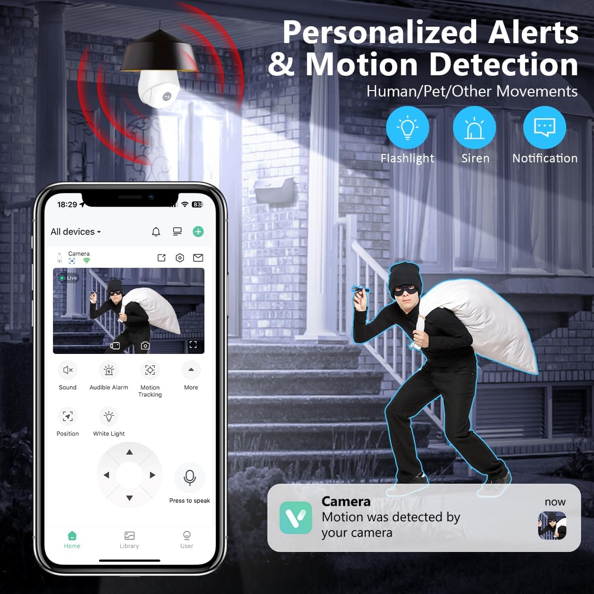 Cámara de seguridad con bombilla, 2K 360° Pan Tilt WiFi.