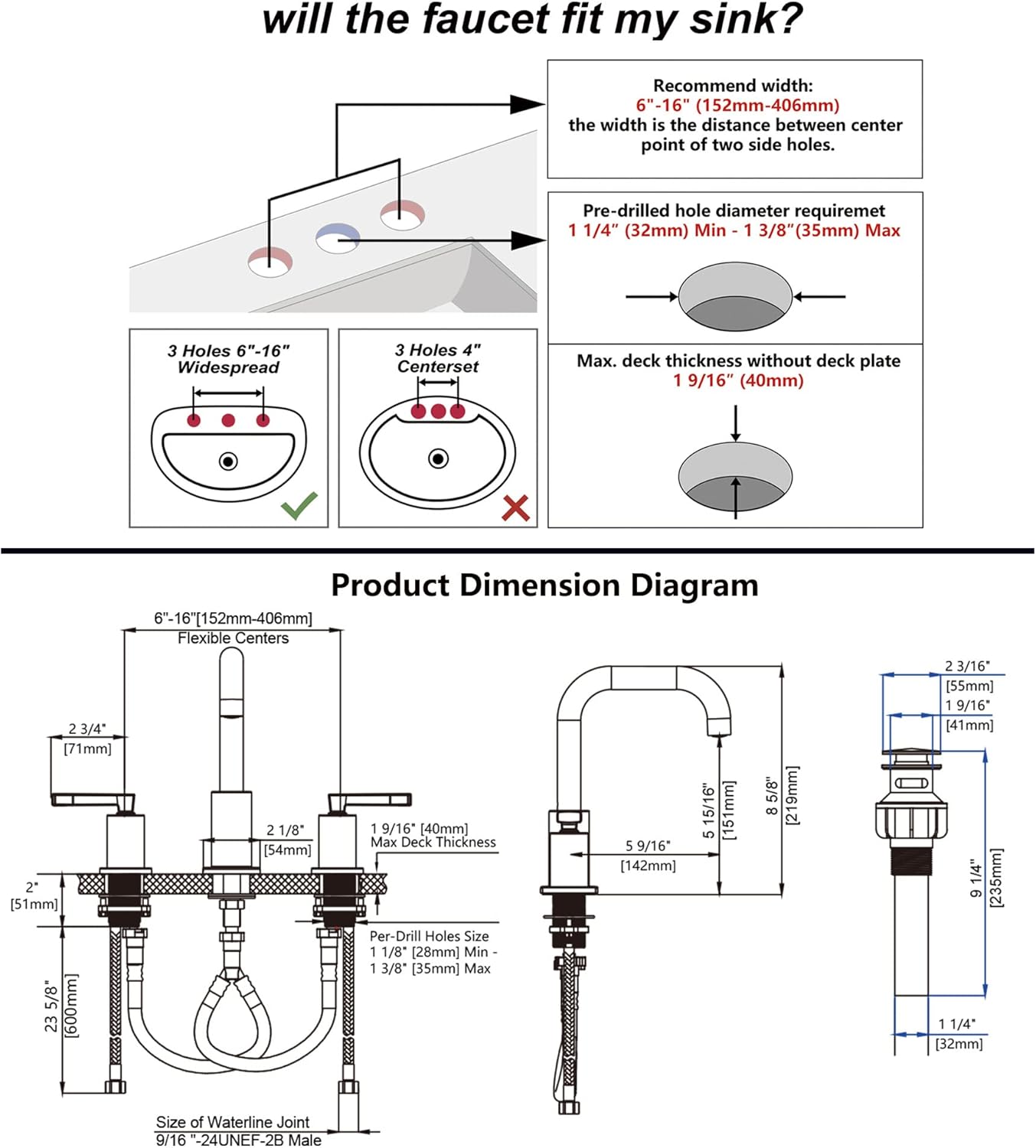 Grifo de baño de 8" de ancho, de dos manijas con desagüe emergente HOZURRA