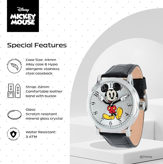 Reloj para adultos, con correa de cuero, Mickey Mouse.