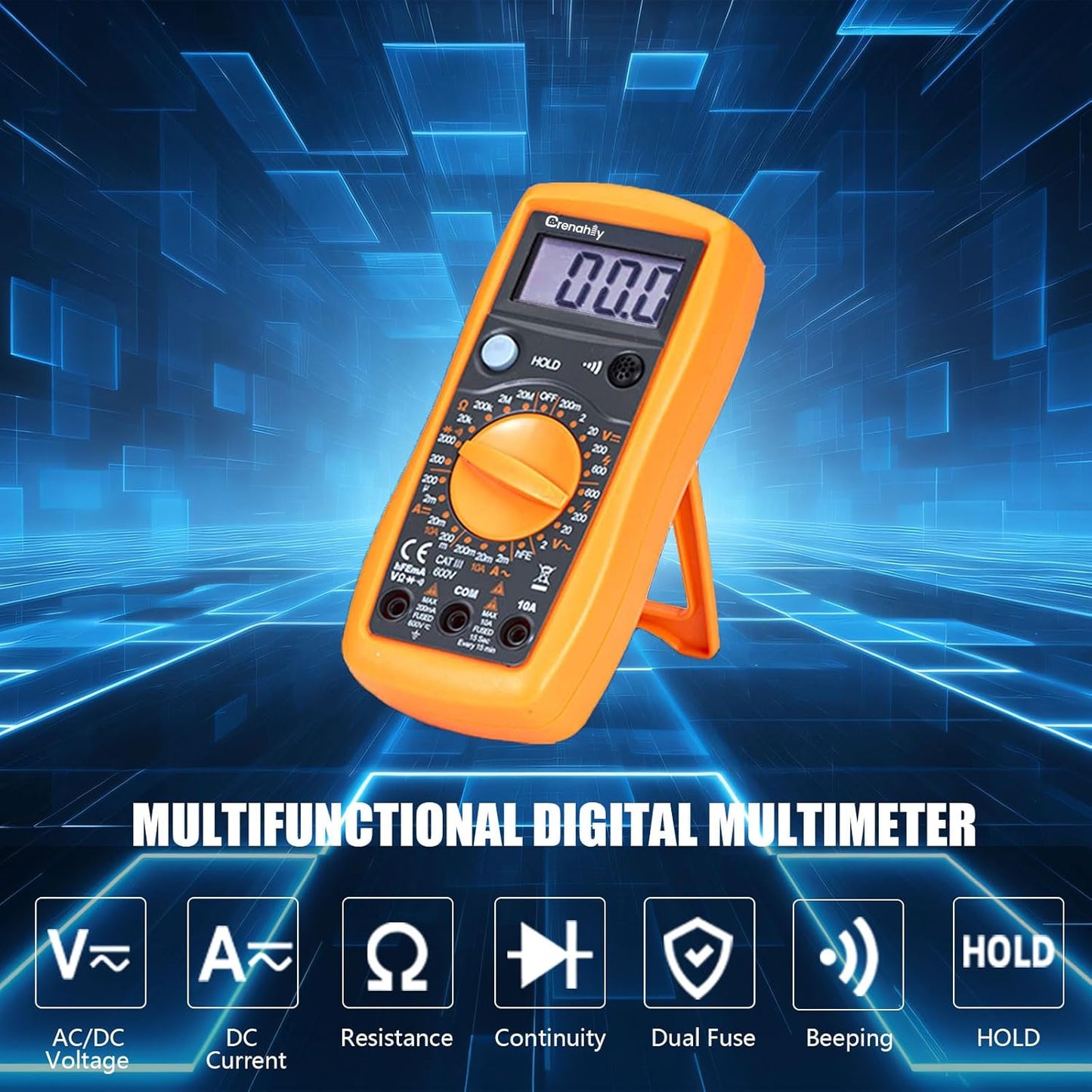Multímetro digital, voltaje, corriente, resistencia, diodo, continuidad.
