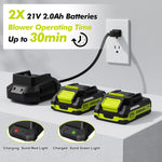Soplador de hojas inalámbrico, eléctrico de 21 V con 2 baterías y cargador.