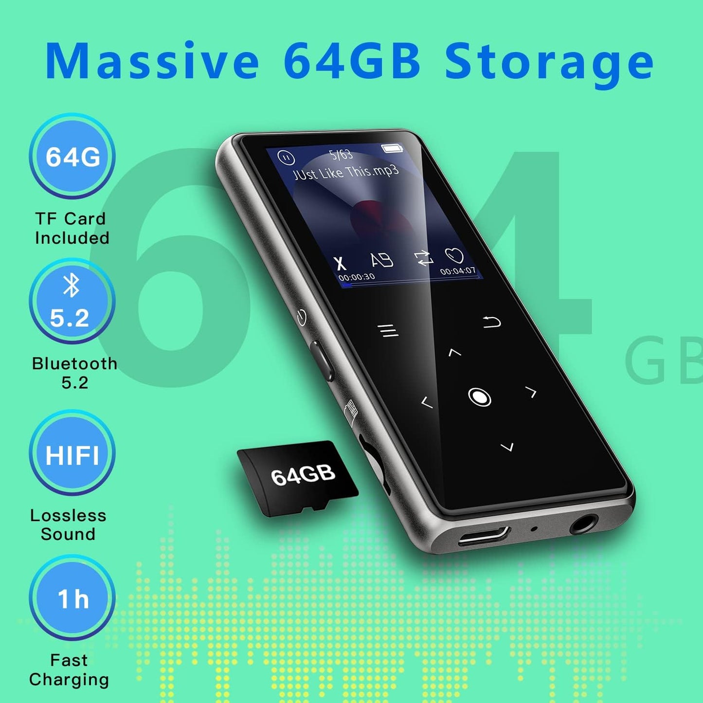 Reproductor de MP3 de 64 GB con Bluetooth 5.2 negro