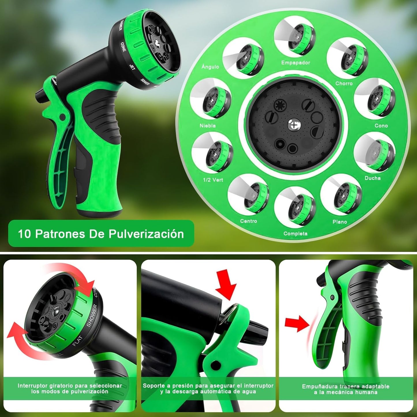 Manguera de Jardín, 75FT/22.5Mts, Expandible con boquilla 10 modos.