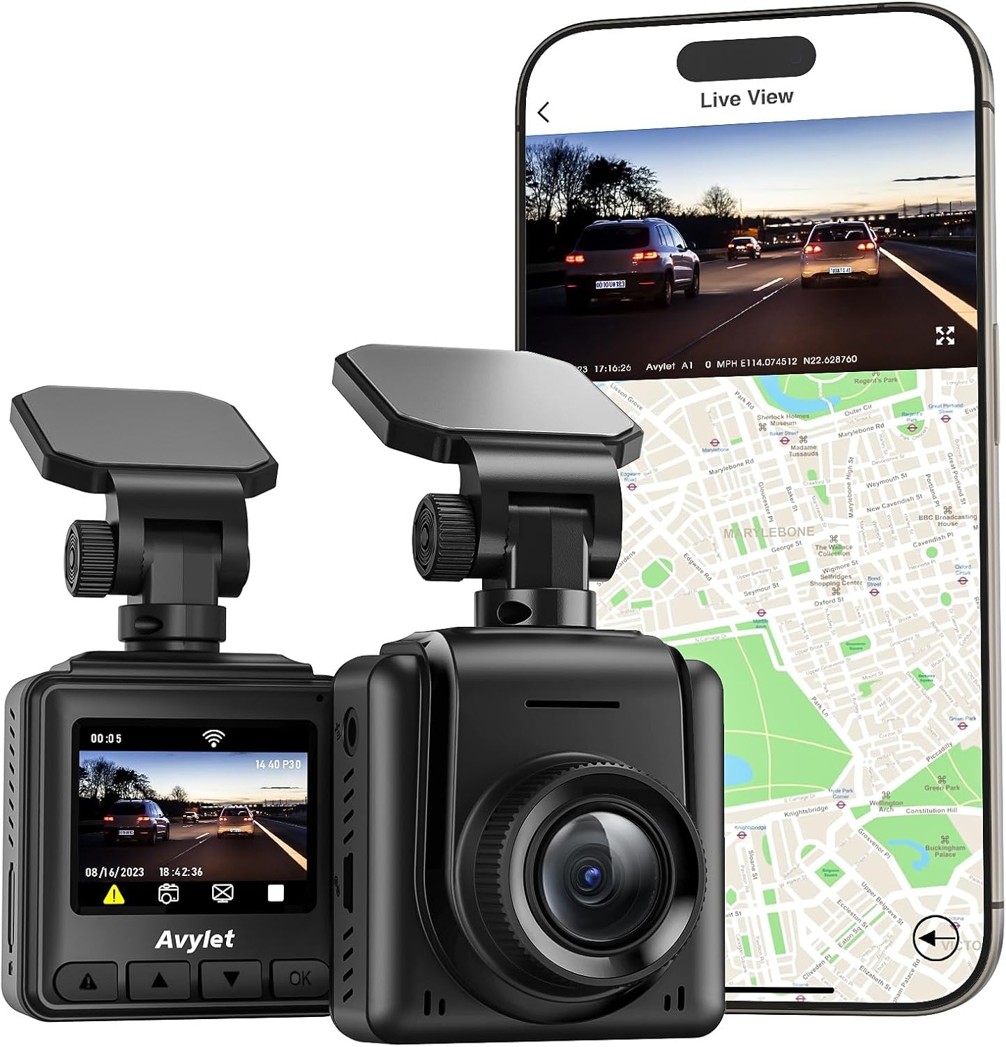 Dash Cam WiFi 2K, pantalla IPS de 1.5", sensor G, 170°.