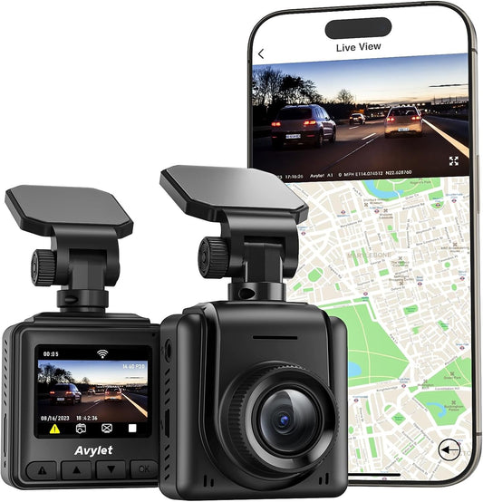 Dash Cam WiFi 2K, pantalla IPS de 1.5", sensor G, 170°.