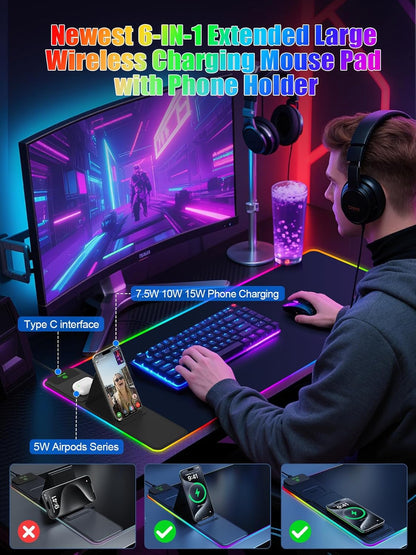 Mousepad con soporte plegable para teléfono y cargador inalámbrico.
