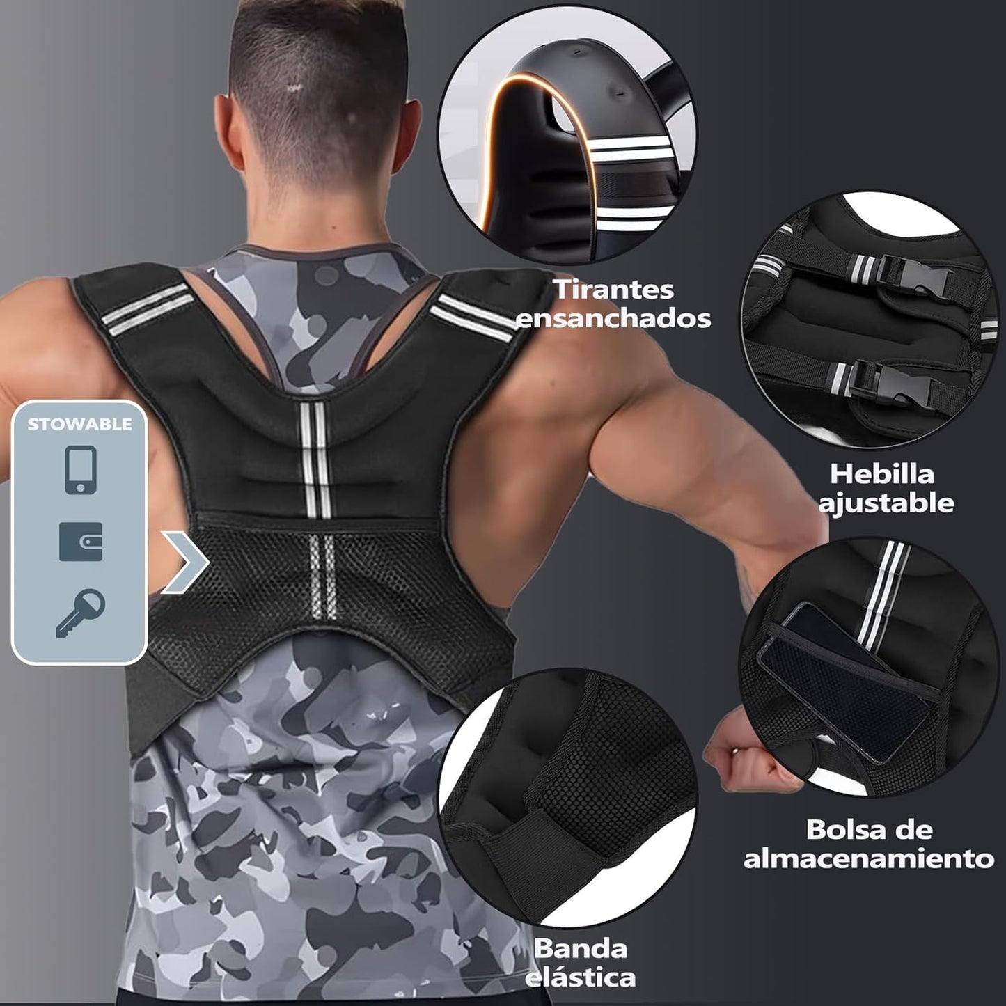 Chaleco con Peso, para ejercicio, 12LB, con Tiras Reflectantes.