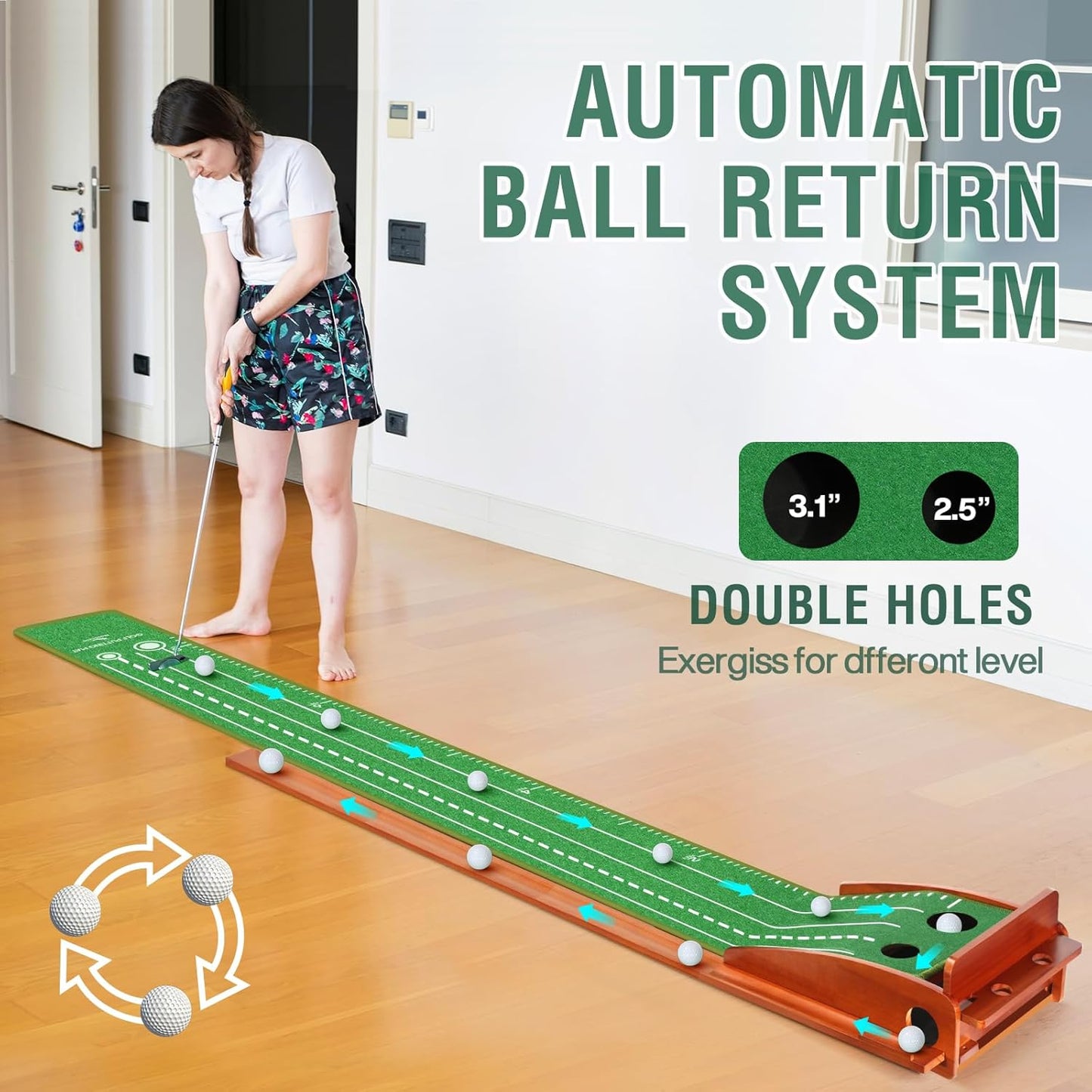 Tapete de entrenamiento de Golf con 2 agujeros, base de madera maciza,