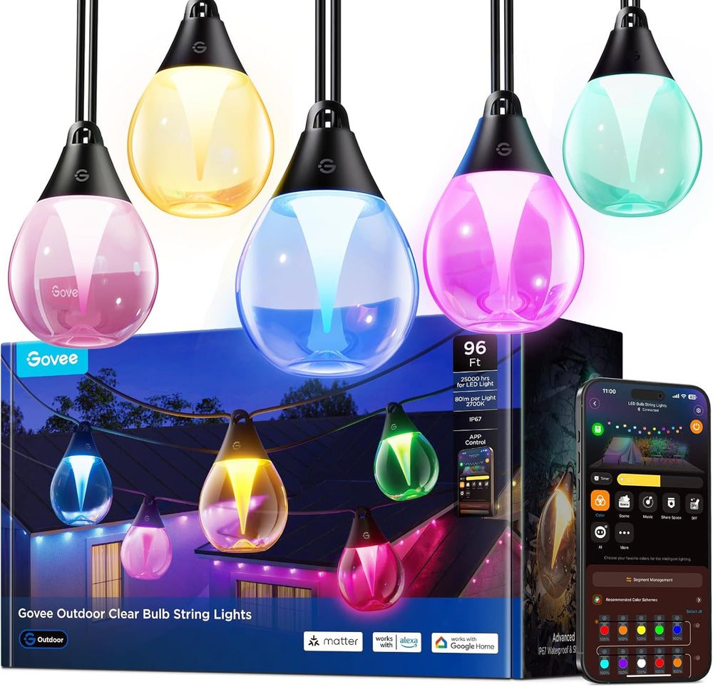 Guirnalda de luces exteriores Govee, con bombillas transparentes.