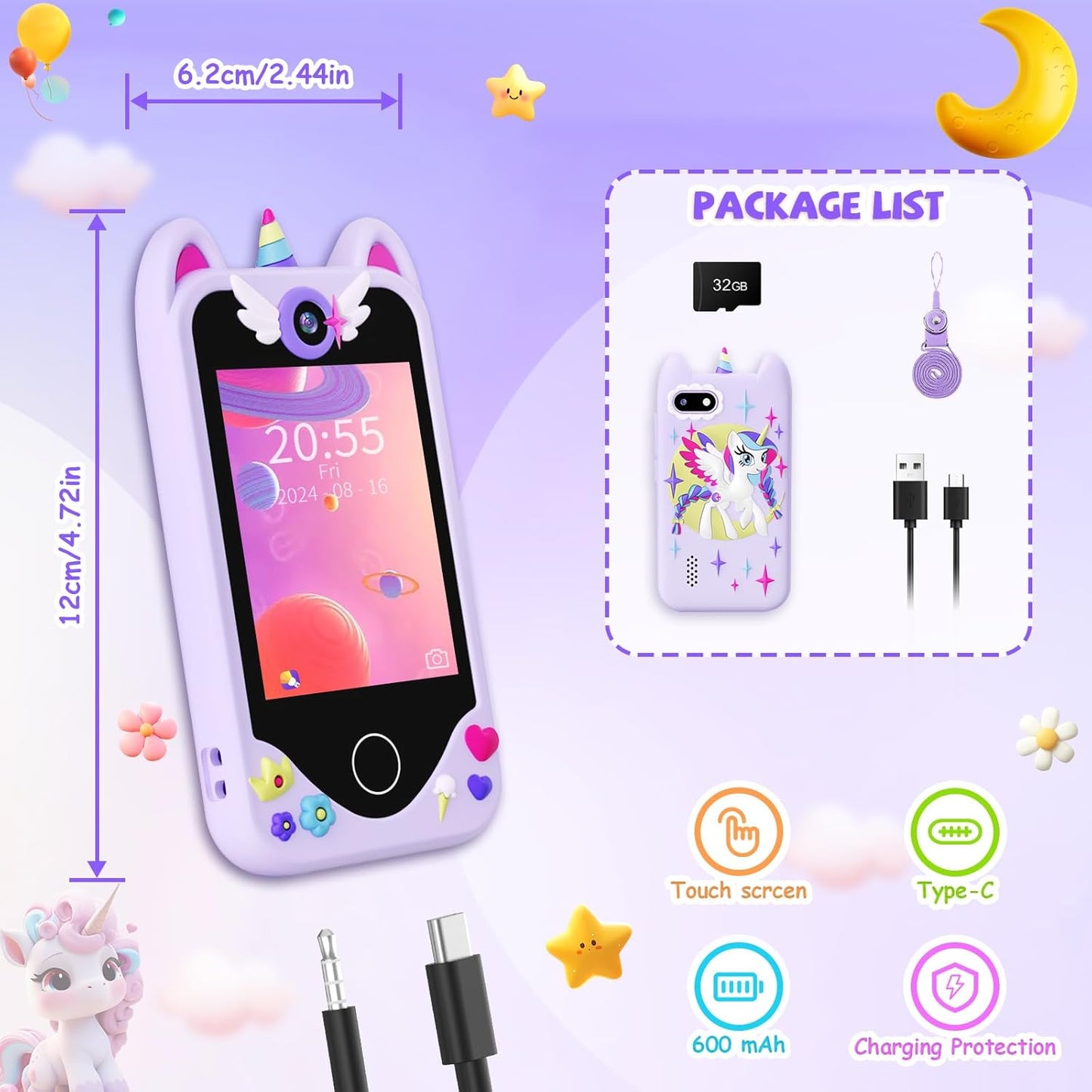 Teléfono inteligente para niñas con cámara dual de Unicornio (Morado)