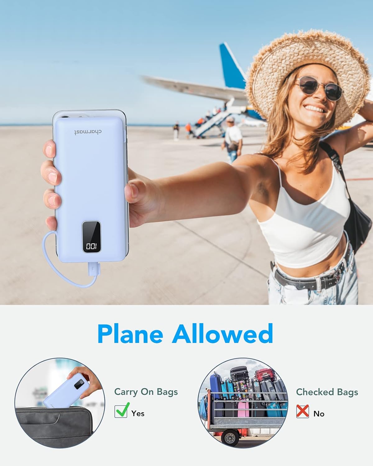 Charmast Cargador portátil con cables integrados y enchufe de pared.