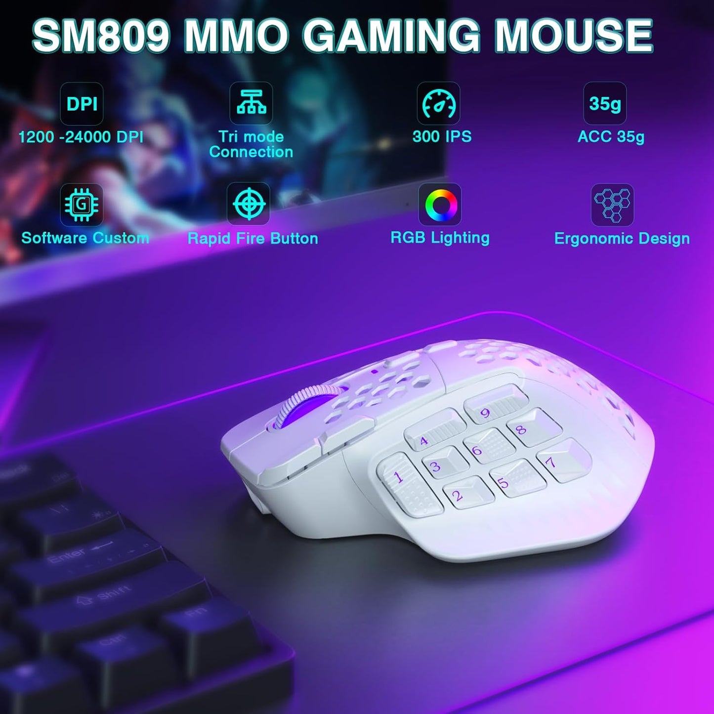 SM809 Pro Mouse inalámbrico MMO para juegos con 9 botones laterales, SOLAKAKA