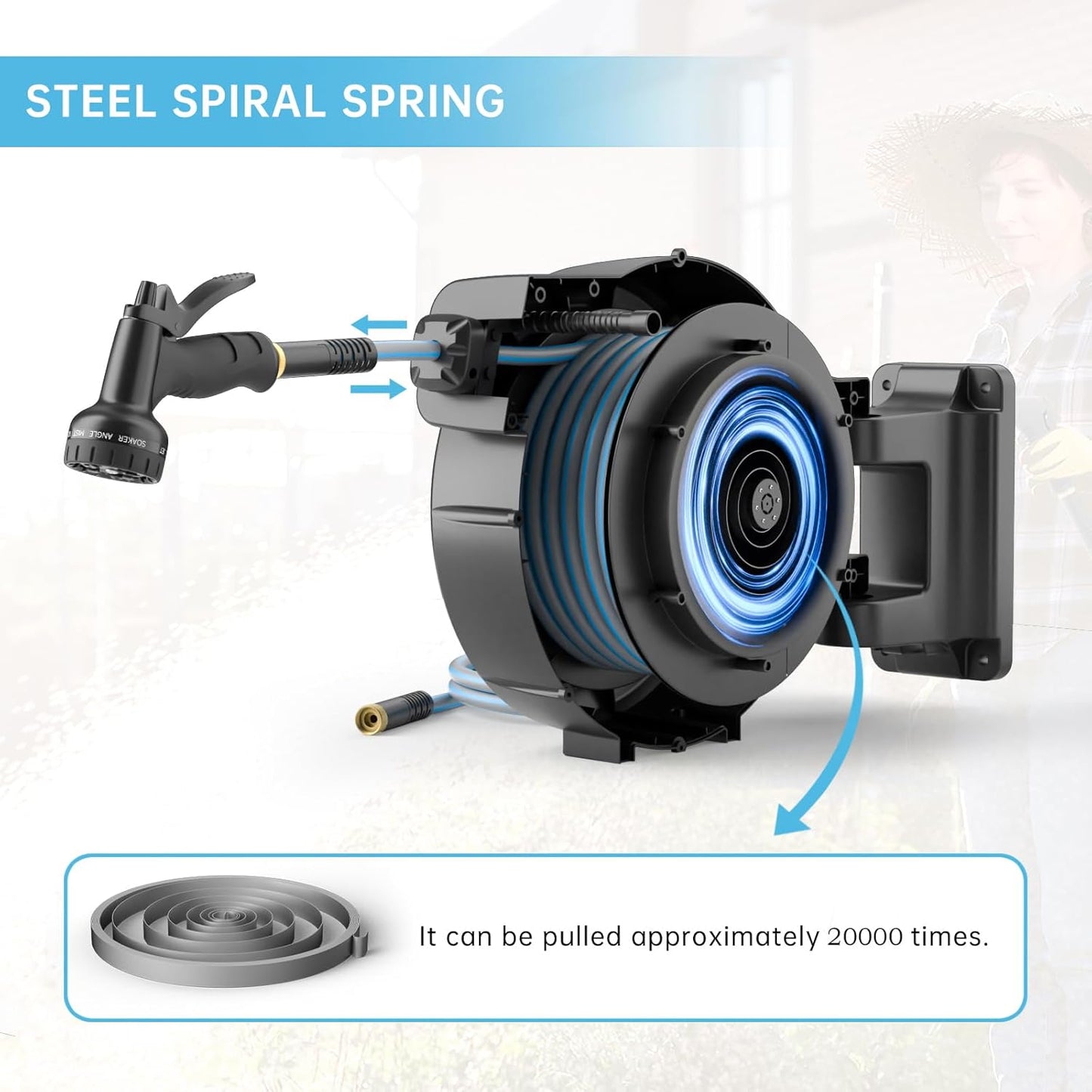 Carrete retráctil de manguera de jardín de 1/2 pulgadas,82FT.