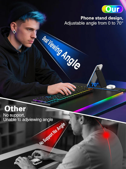 Mousepad con soporte plegable para teléfono y cargador inalámbrico.