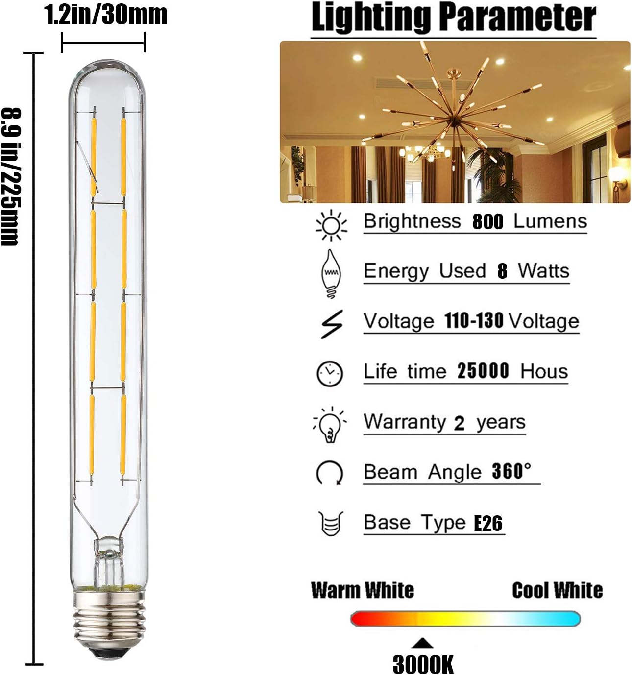 Bombilla tubular LED, Edison, regulable, 8 W, T10/T30, 4pcs.