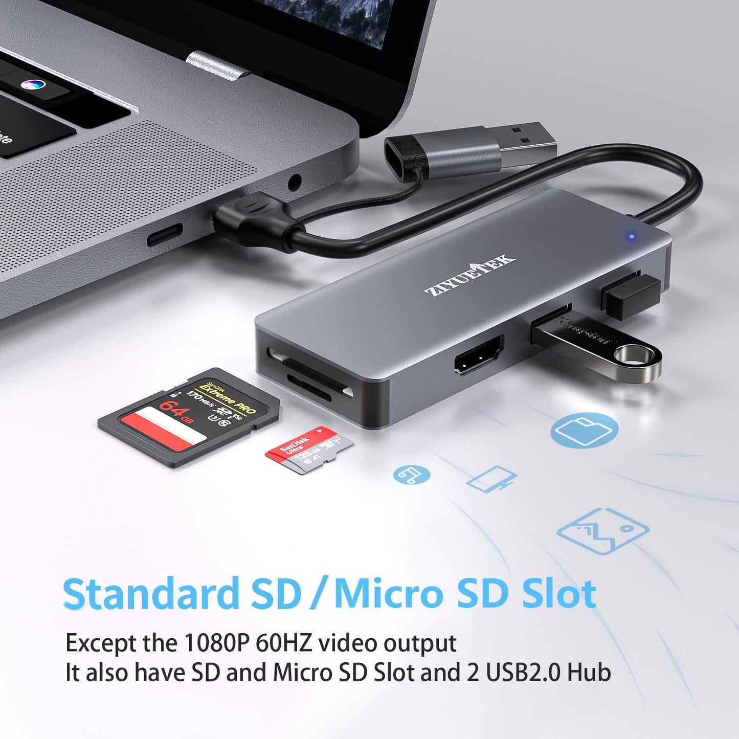 Adaptador USB 3.0 y tipo C a HDMI, 5 en 1, Docking Station.