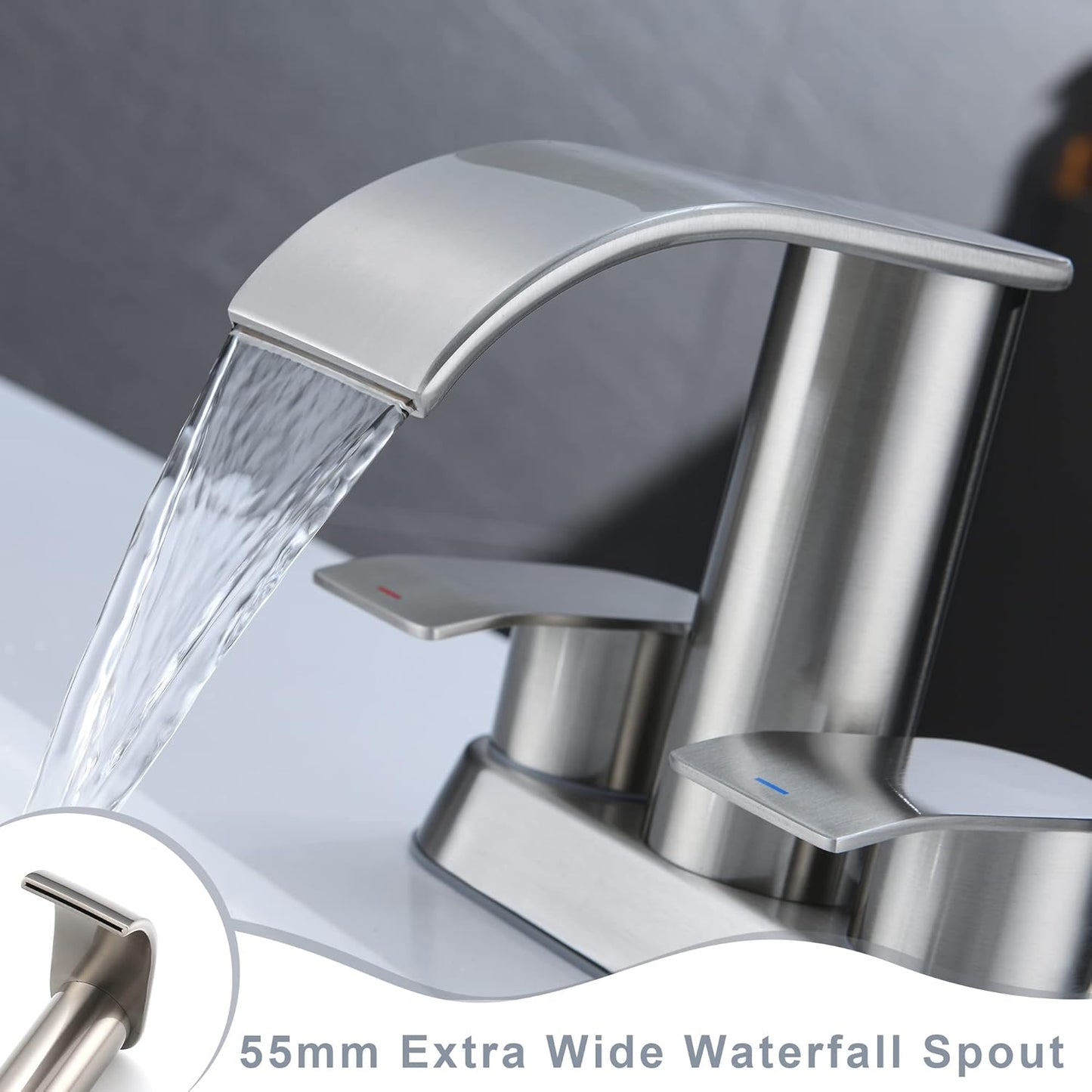 Grifo estilo cascada para lavabo de baño, níquel cepillado, dos manijas ULTIMATE UNICORN