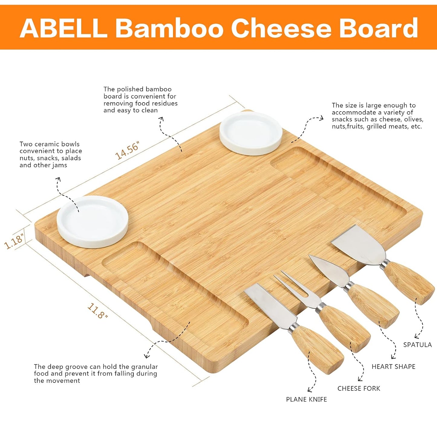 Tabla para quesos y charcutería, Abell, con 4 cuchillos y 2 cuencos.