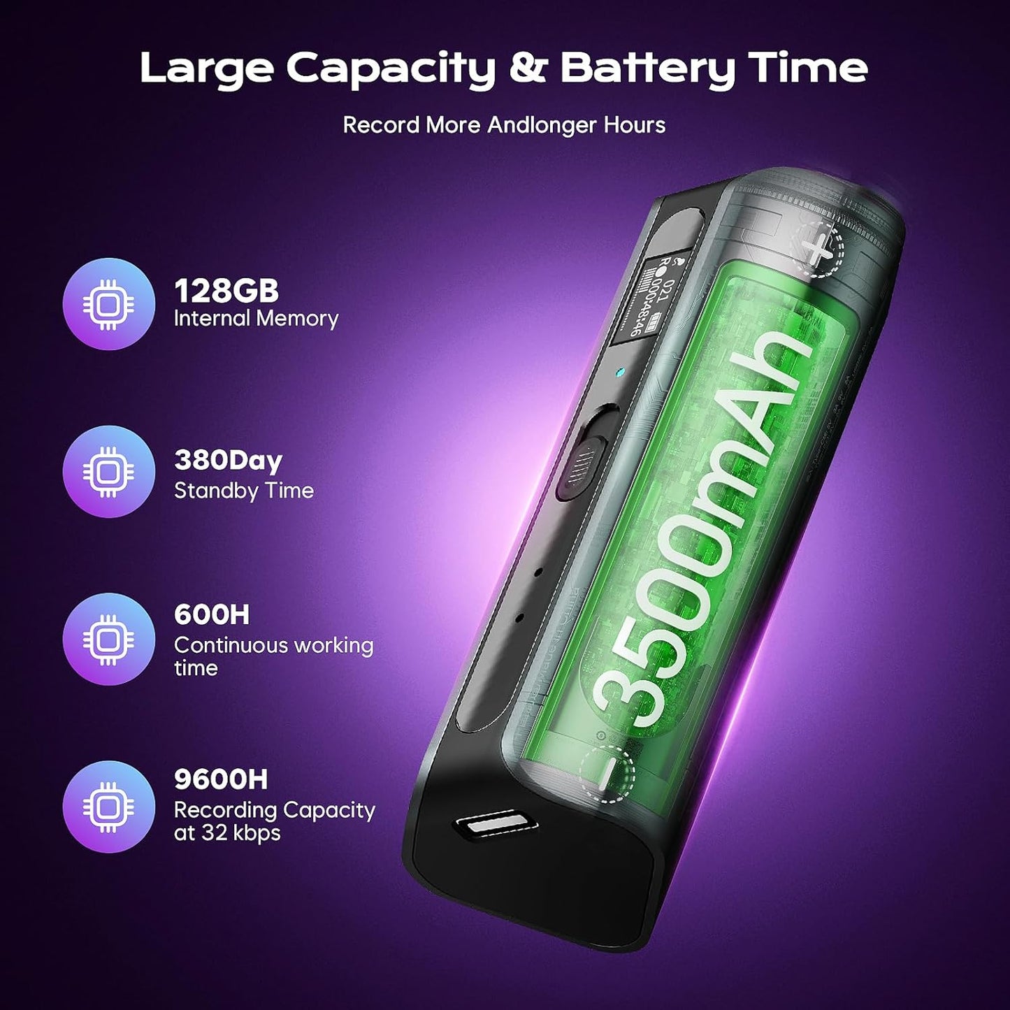 Grabadora de voz digital, con triple reducción de ruido, 9800Hrs.