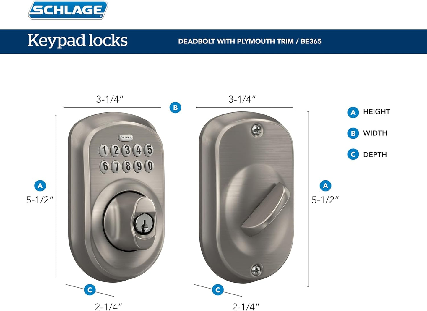Cerrojo de seguridad Plymouth BE365 V PLY 505 con teclado, Schlage