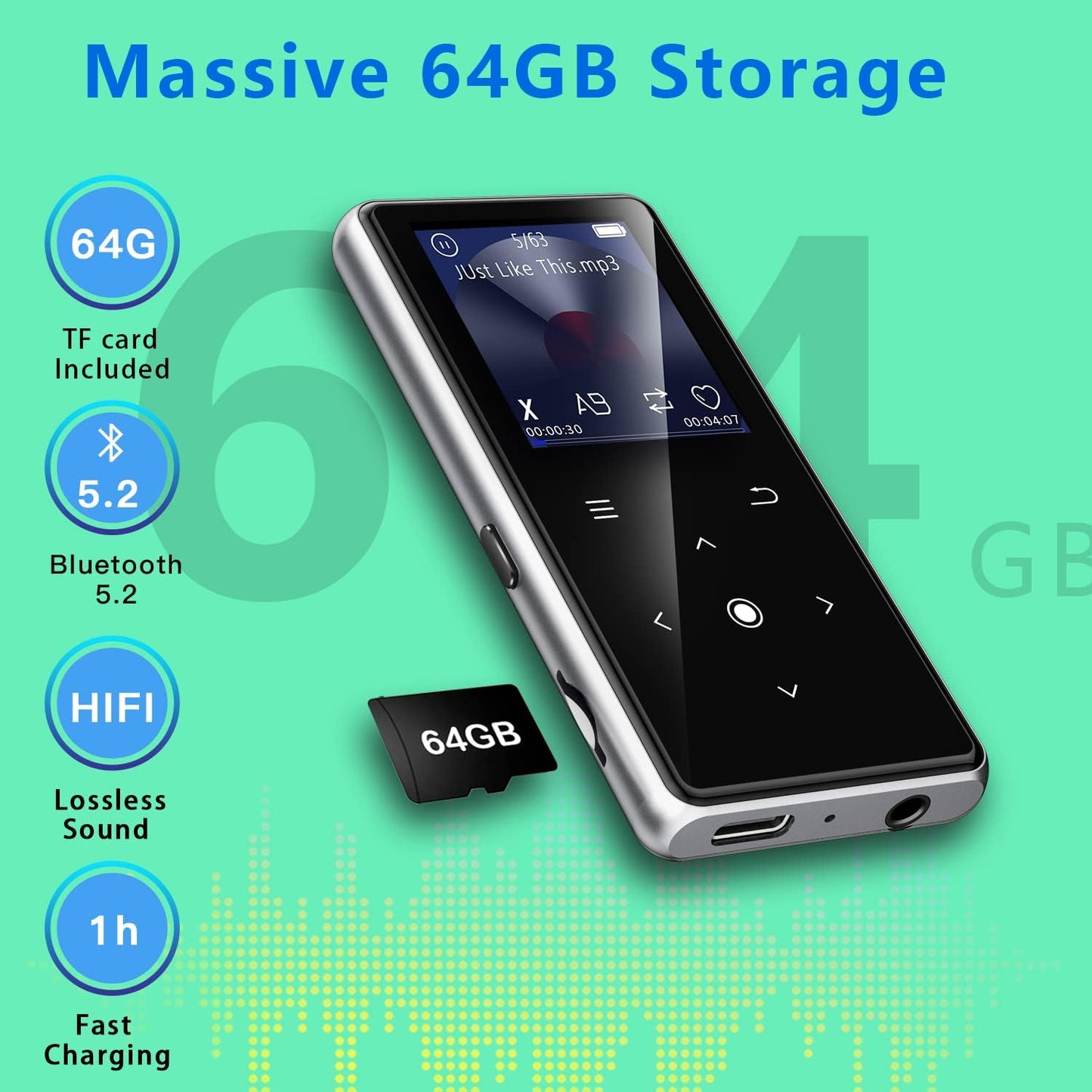Reproductor de MP3 de 64 GB con Bluetooth 5.2
