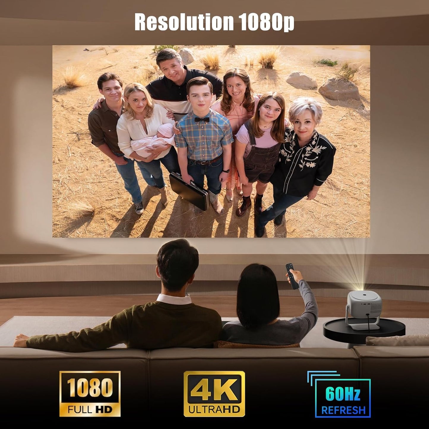 Proyector Native HD 1080P con soporte 4K, WiFi 6, Bluetooth.