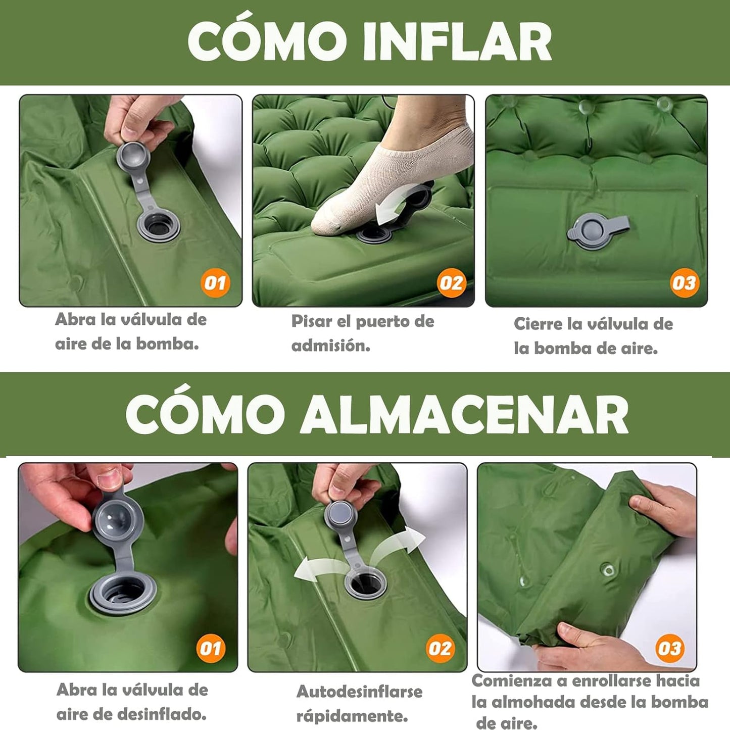 Colchoneta para acampar con bomba de pie, con Almohadas.