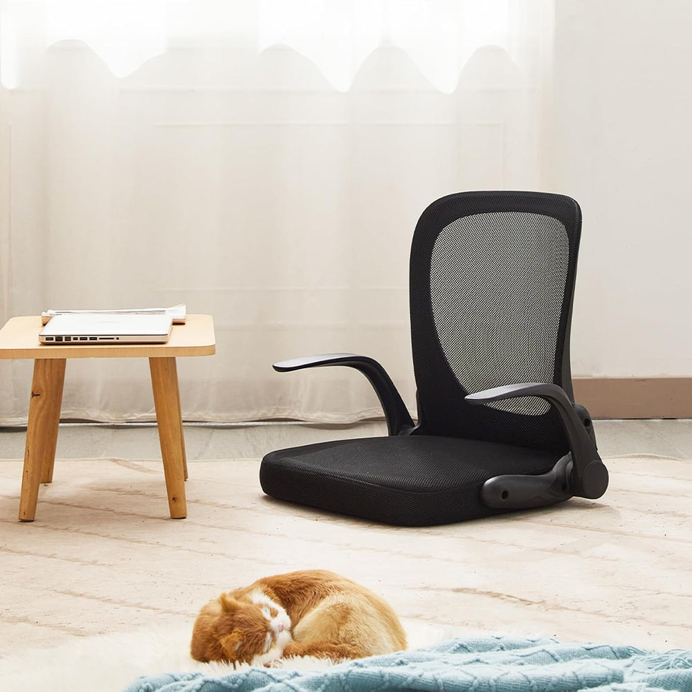 Silla de piso CoVibrant ergonómica plegable respaldo de malla, posabrazos