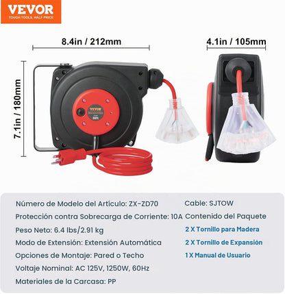 Carrete de cable de extensión retráctil Vevor, 30 ft toma triple iluminada