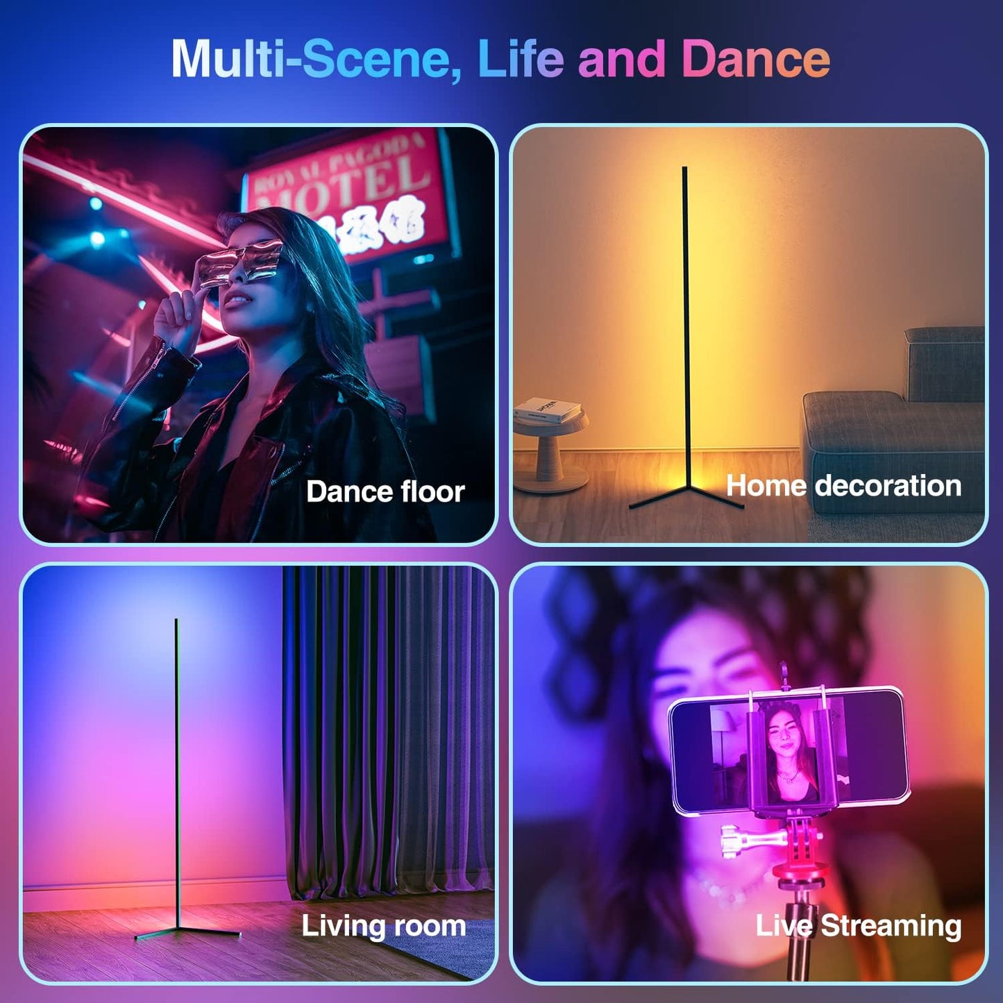 Lámpara de pie para esquina con RGB, con Control Remoto, negra.