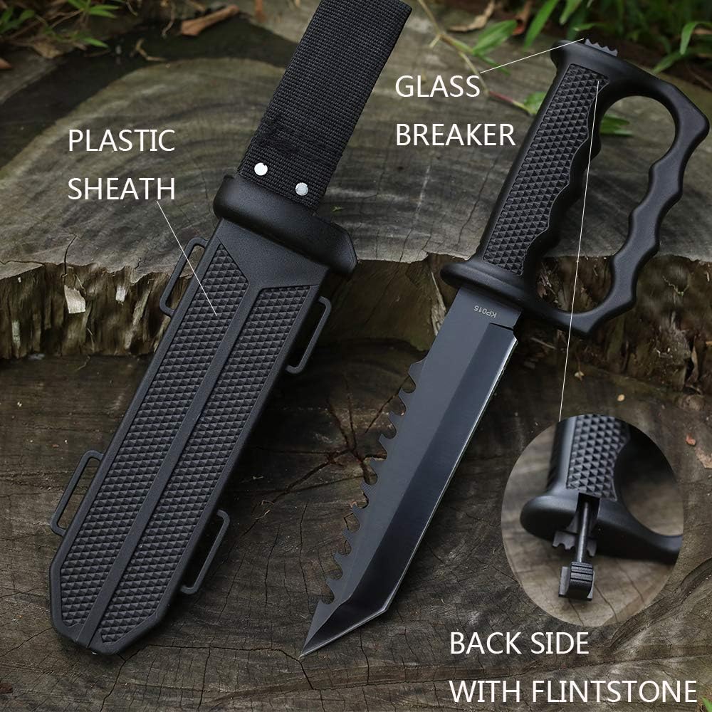 Cuchillo de hoja fija con vaina táctica, iniciador de fuego, rompe vidrio.
