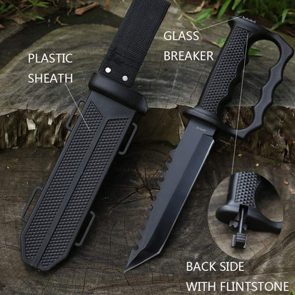 Cuchillo de hoja fija con vaina táctica, iniciador de fuego, rompe vidrio.