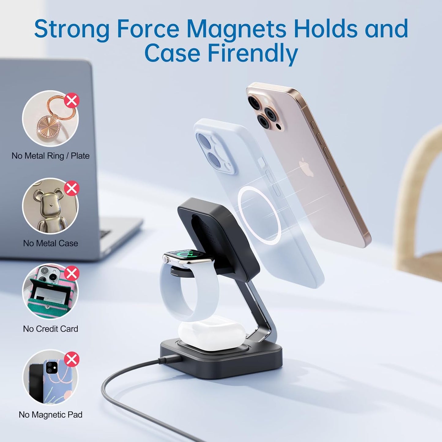 Estación de carga rápida inalámbrica Mag-Safe, 3 en 1,  magnético.