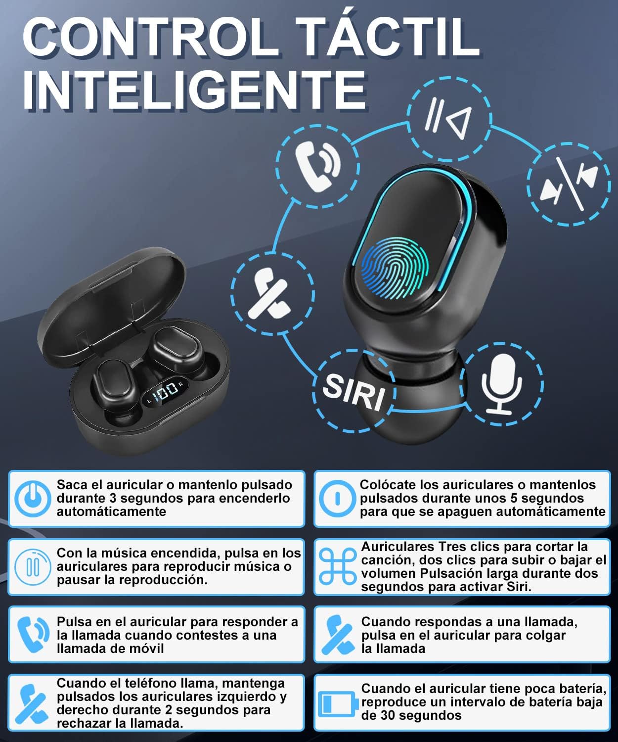 Auriculares Bluetooth inalámbricos, intraurales, pantalla tactil.