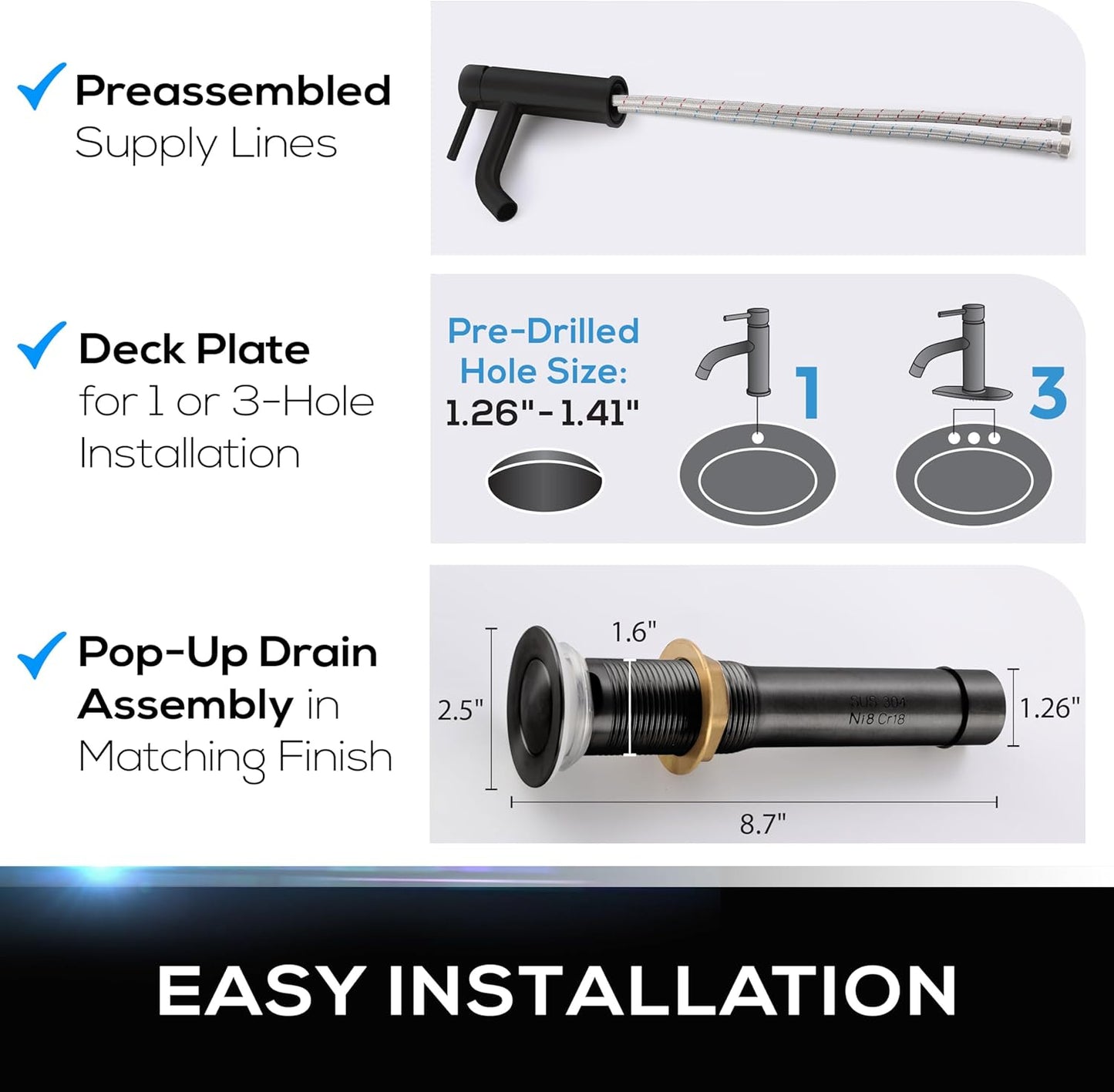 Grifo para lavabo de baño Mueller Premium, Monomando, negro mate.