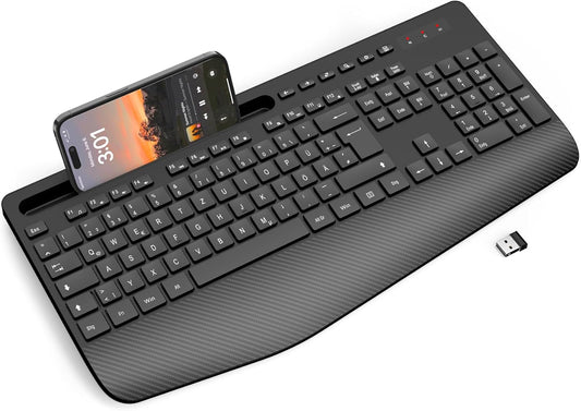 Teclado inalámbrico con reposamuñecas, ranura para teléfono o tablet.
