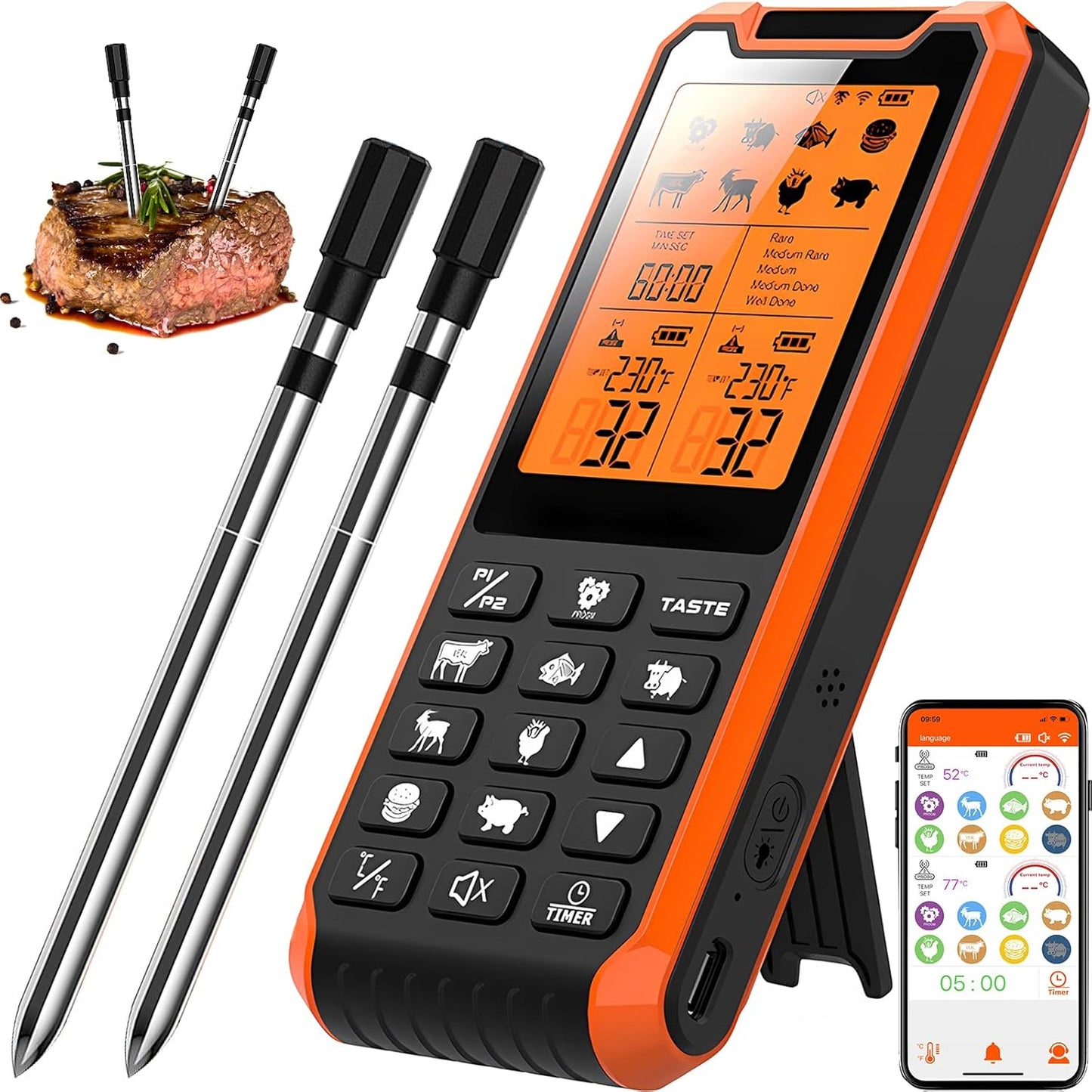 Termómetro inteligente Bluetooth para carne, Apto para horno. USADO