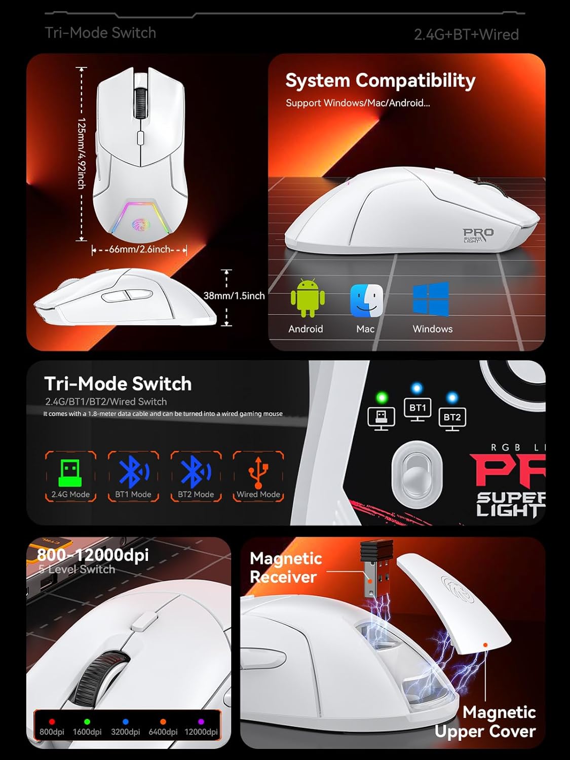 Mouse inalámbrico blanco para juegos, tres modos (2.4G/Bluetooth/cableado)