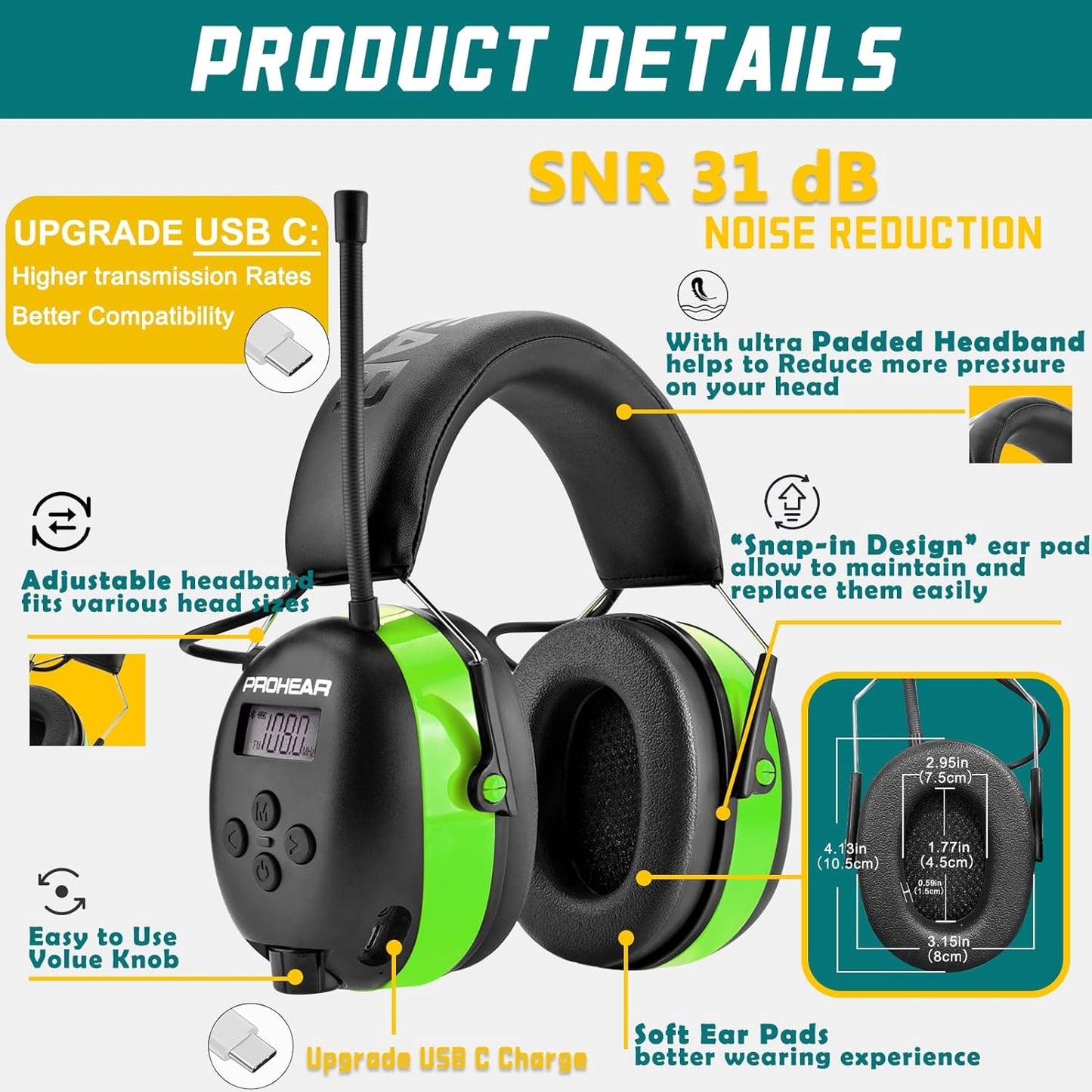 PROHEAR Auriculares de radio 033,Batería recargable USB C.