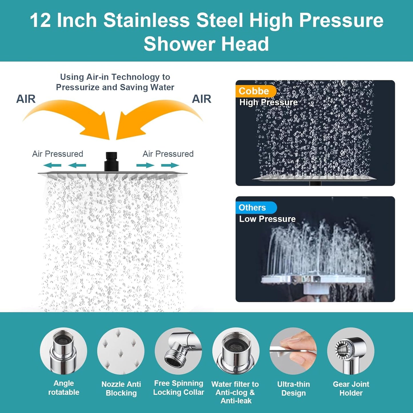 Cobbe combo Cabezal de metal de ducha de lluvia  de 12"  con rociador de mano