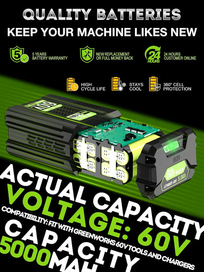 Batería de repuesto de 5.0Ah para Greenworks de 60 V, LB60A03-LB60A02-LB60A00.