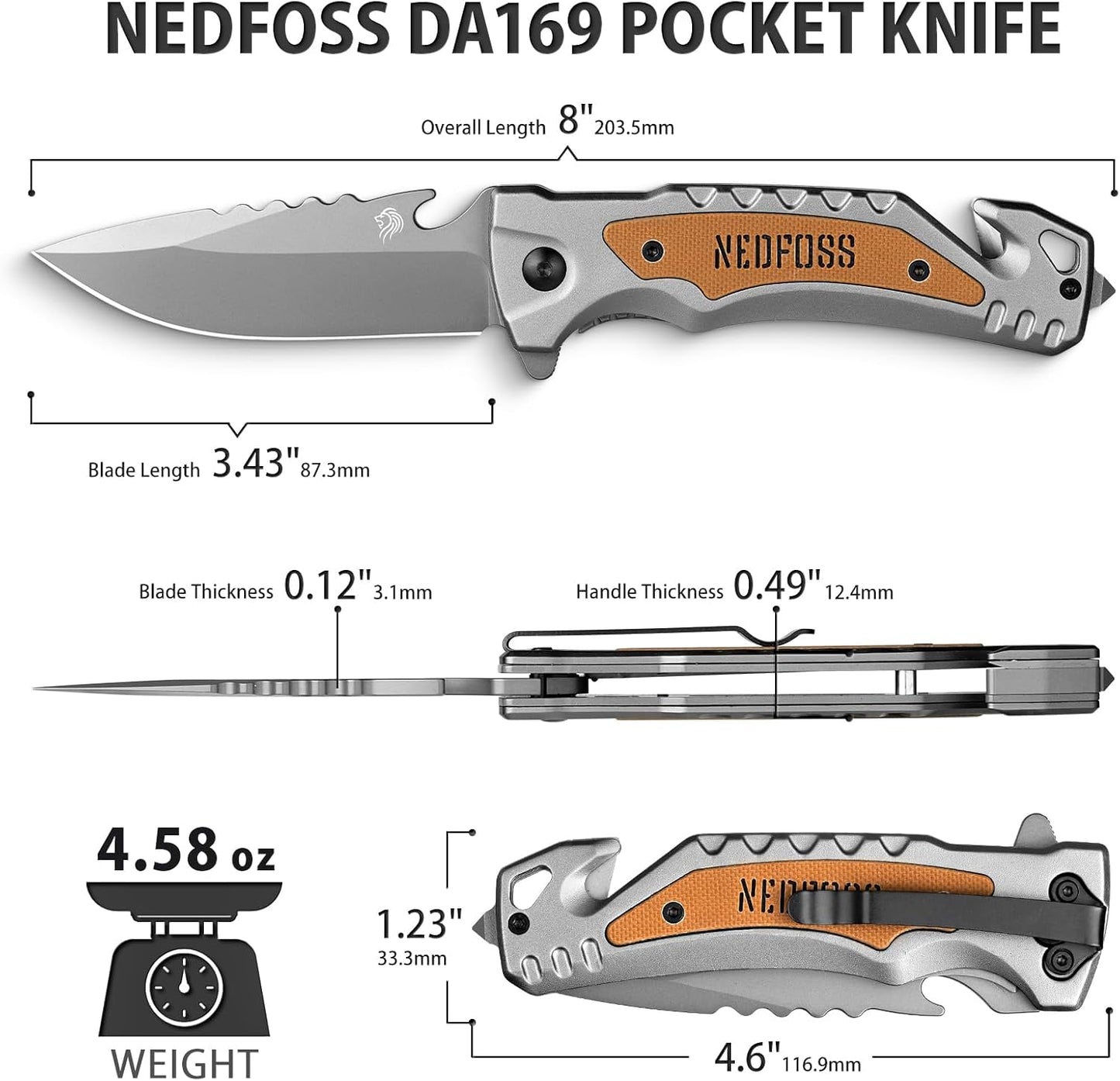 Cuchillo plegable de bolsillo, cortador de cinturón, rompe vidrios. (USADO)