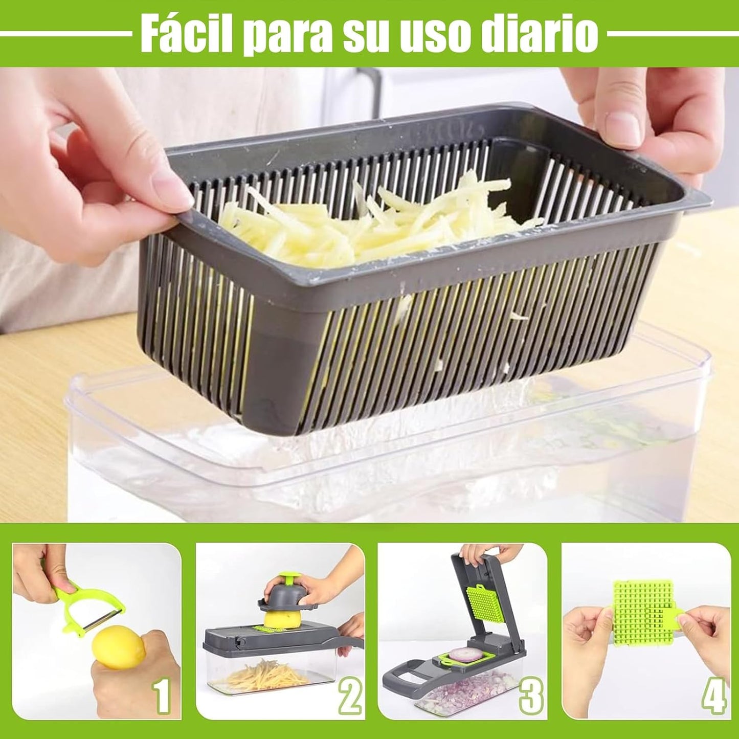 Cortador de Verduras, 16 en 1, 7 Cuchillas de Acero Inoxidable.