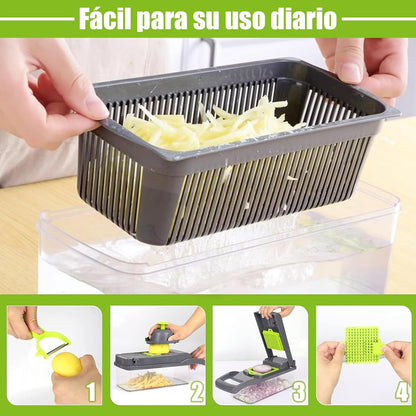 Cortador de Verduras, 16 en 1, 7 Cuchillas de Acero Inoxidable.