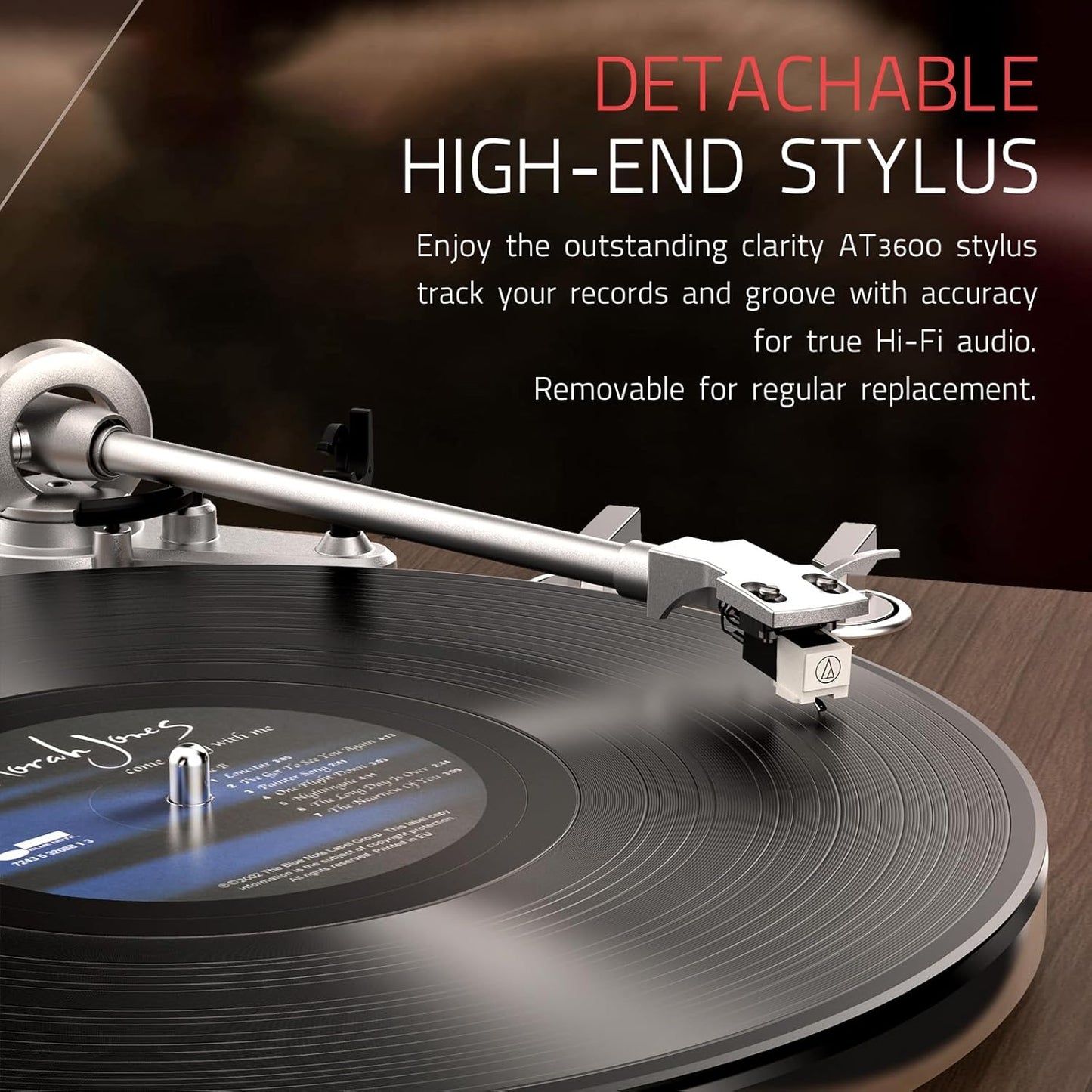 Reproductor de discos, transmisión por correa, 33-45 rpm.