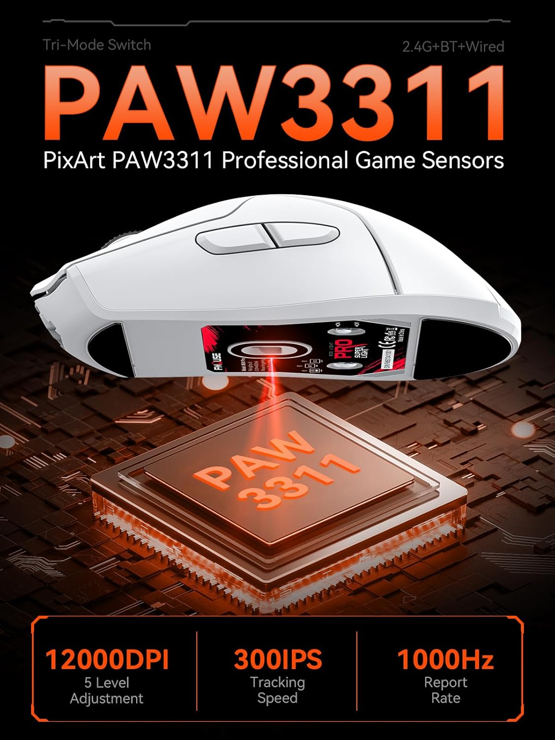 Mouse inalámbrico blanco para juegos, tres modos (2.4G/Bluetooth/cableado)