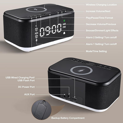 Reloj despertador con altavoz cargador inalámbrico, despertador digital,