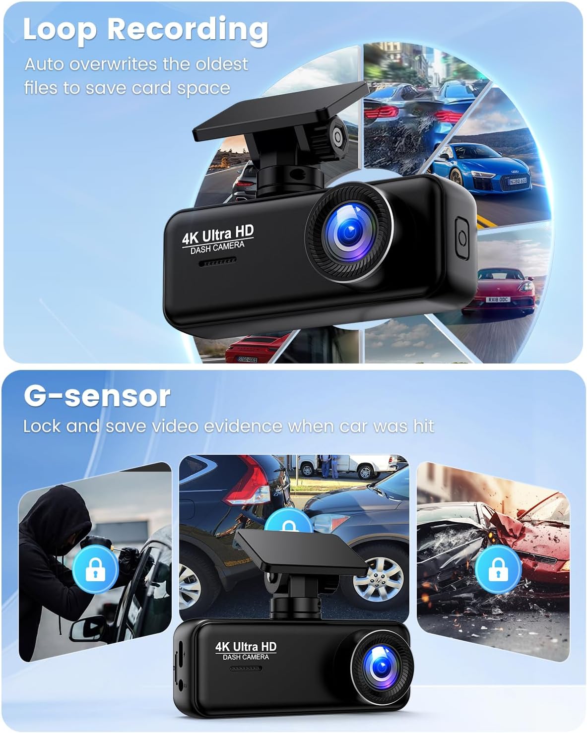 Dash Cam delantera y trasera 4K, cámara WiFi para coche.