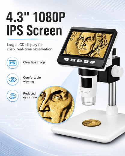 Microscopio digital LCD 1000X, 1080P para monedas, 8 luces, MacOS.